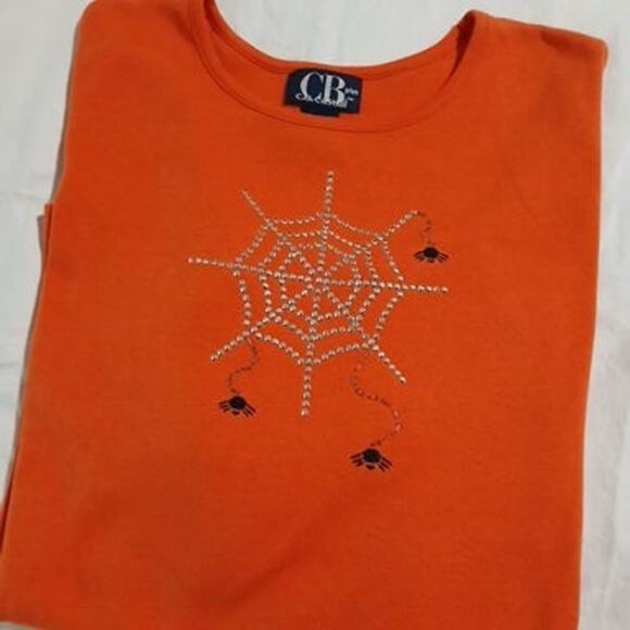 C.B Casual Plus 1X Pumpkin Colored Metallic Spider Web 3/4-Sleeve Knit Shirt - Picture 3 of 13